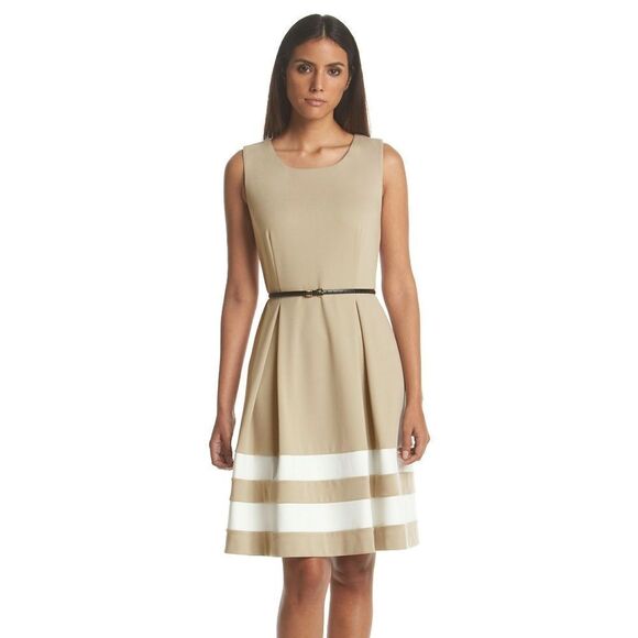New! CALVIN KLEIN Women's Belted Ponte Knit Striped Hem Dress Color Khaki/Ivory - Picture 2 of 4
